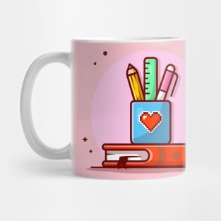 Stationery with Ruler, Pencil, Pen and Book Cartoon Vector Icon Illustration Mug